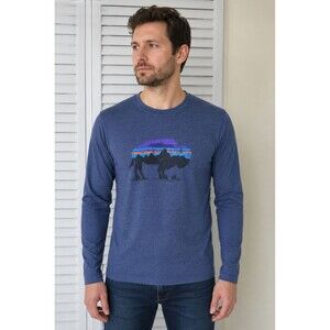 Patagonia Shirt Mens Small S Blue Long Sleeve Fitz Roy Mountain Bison Logo Tee